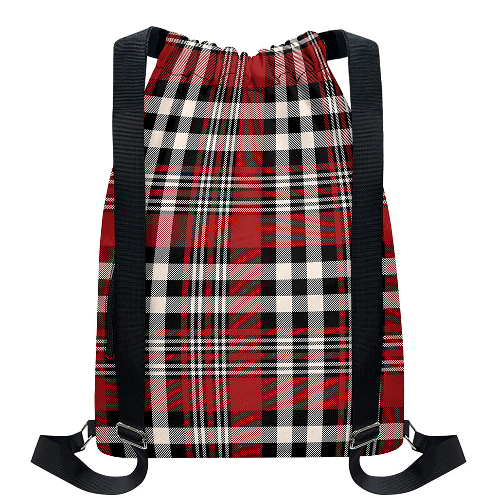 Red Black And White Border Tartan Print Drawstring Backpack
