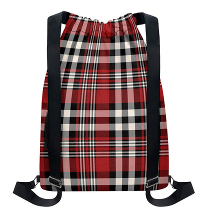 Red Black And White Border Tartan Print Drawstring Backpack