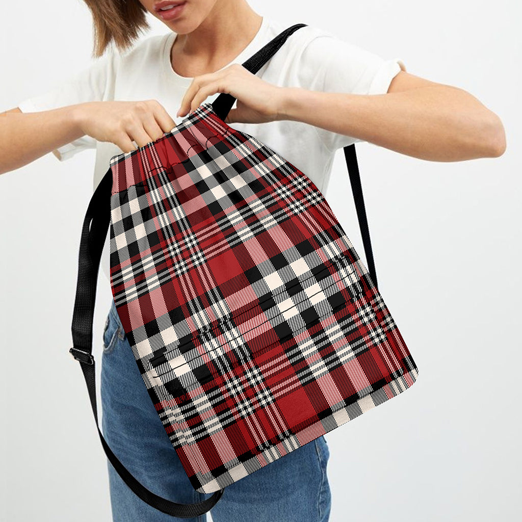 Red Black And White Border Tartan Print Drawstring Backpack