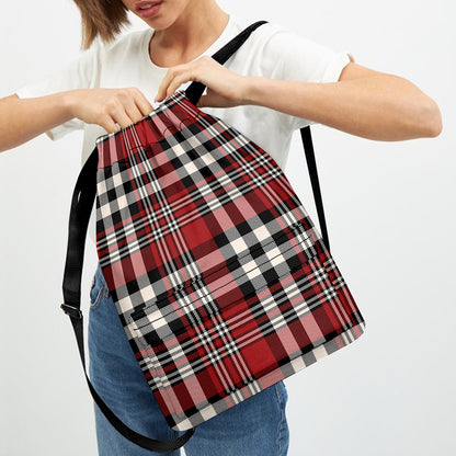 Red Black And White Border Tartan Print Drawstring Backpack