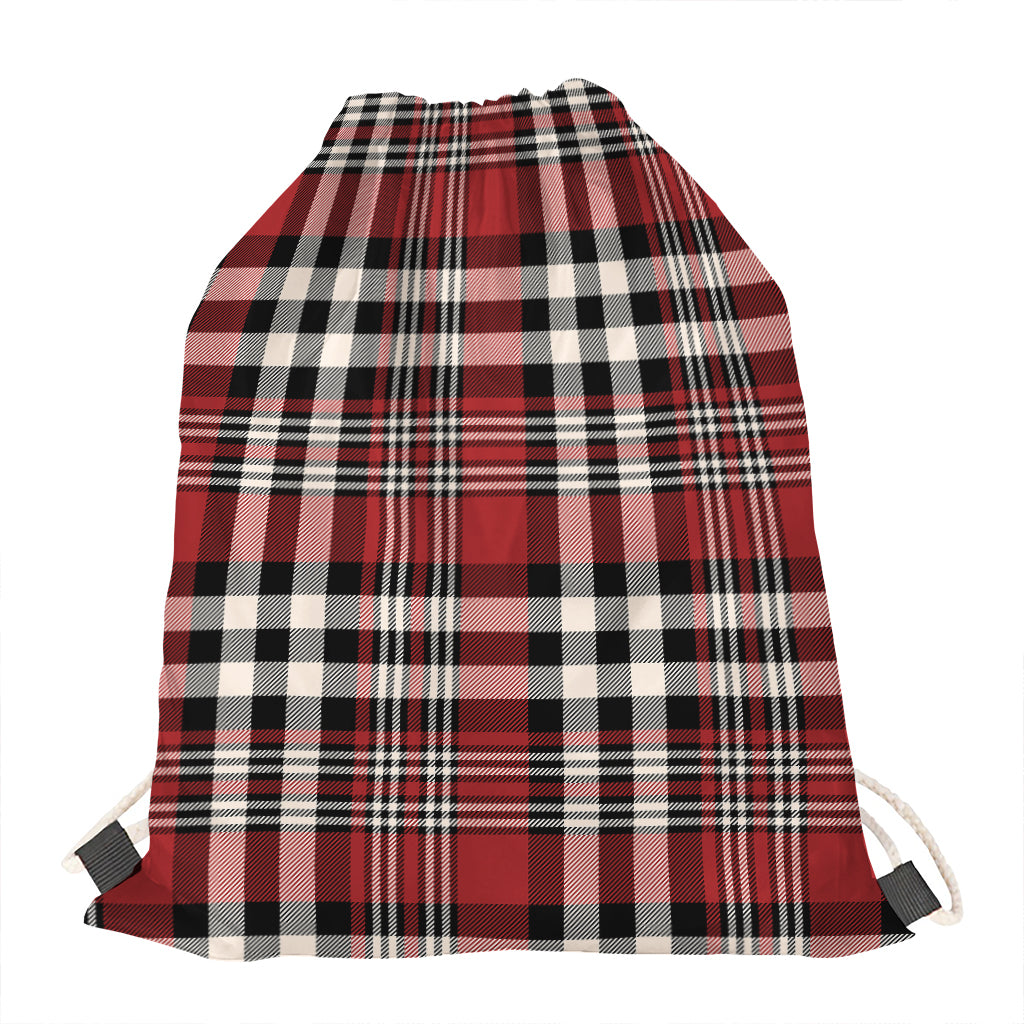 Red Black And White Border Tartan Print Drawstring Bag