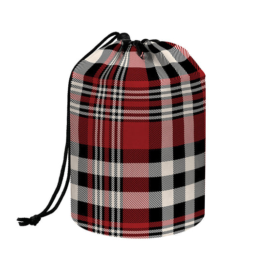 Red Black And White Border Tartan Print Drawstring Makeup Bag