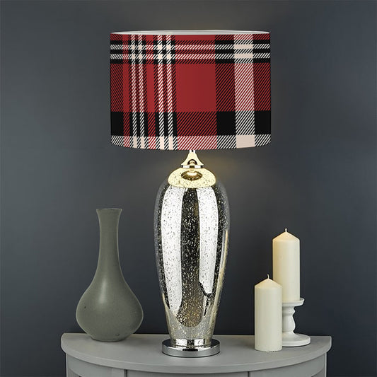 Red Black And White Border Tartan Print Drum Lamp Shade
