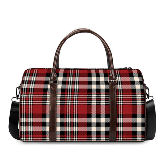 Red Black And White Border Tartan Print Duffle Bag