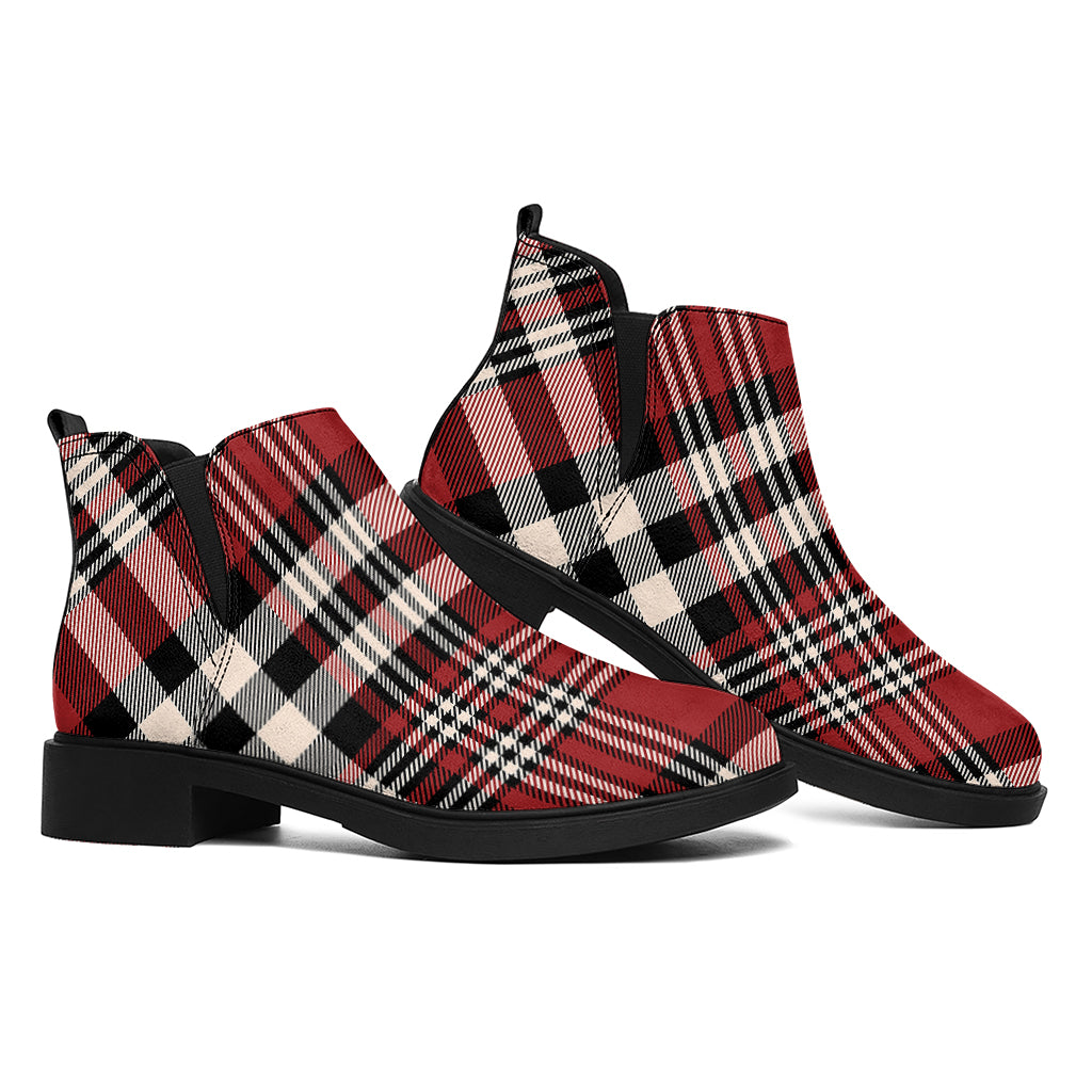 Red Black And White Border Tartan Print Flat Ankle Boots