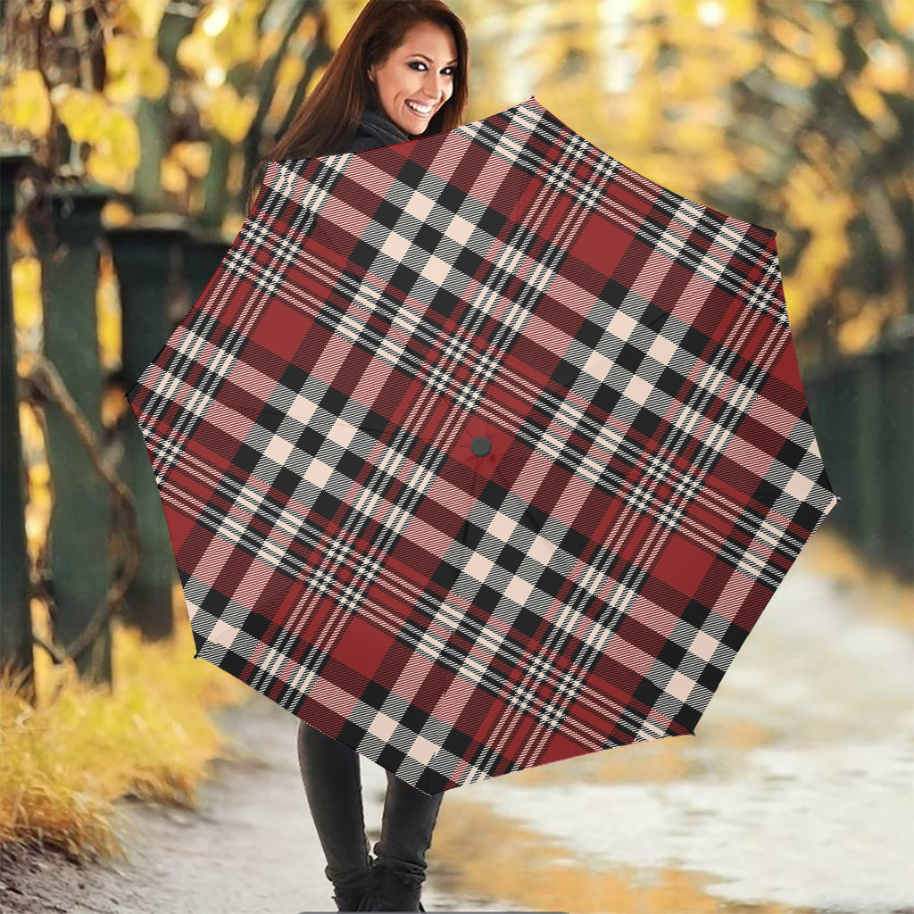 Red Black And White Border Tartan Print Foldable Umbrella