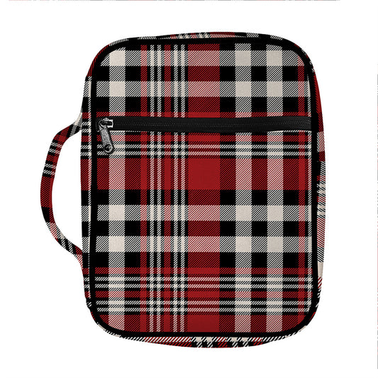 Red Black And White Border Tartan Print Front Pocket Bible Bag