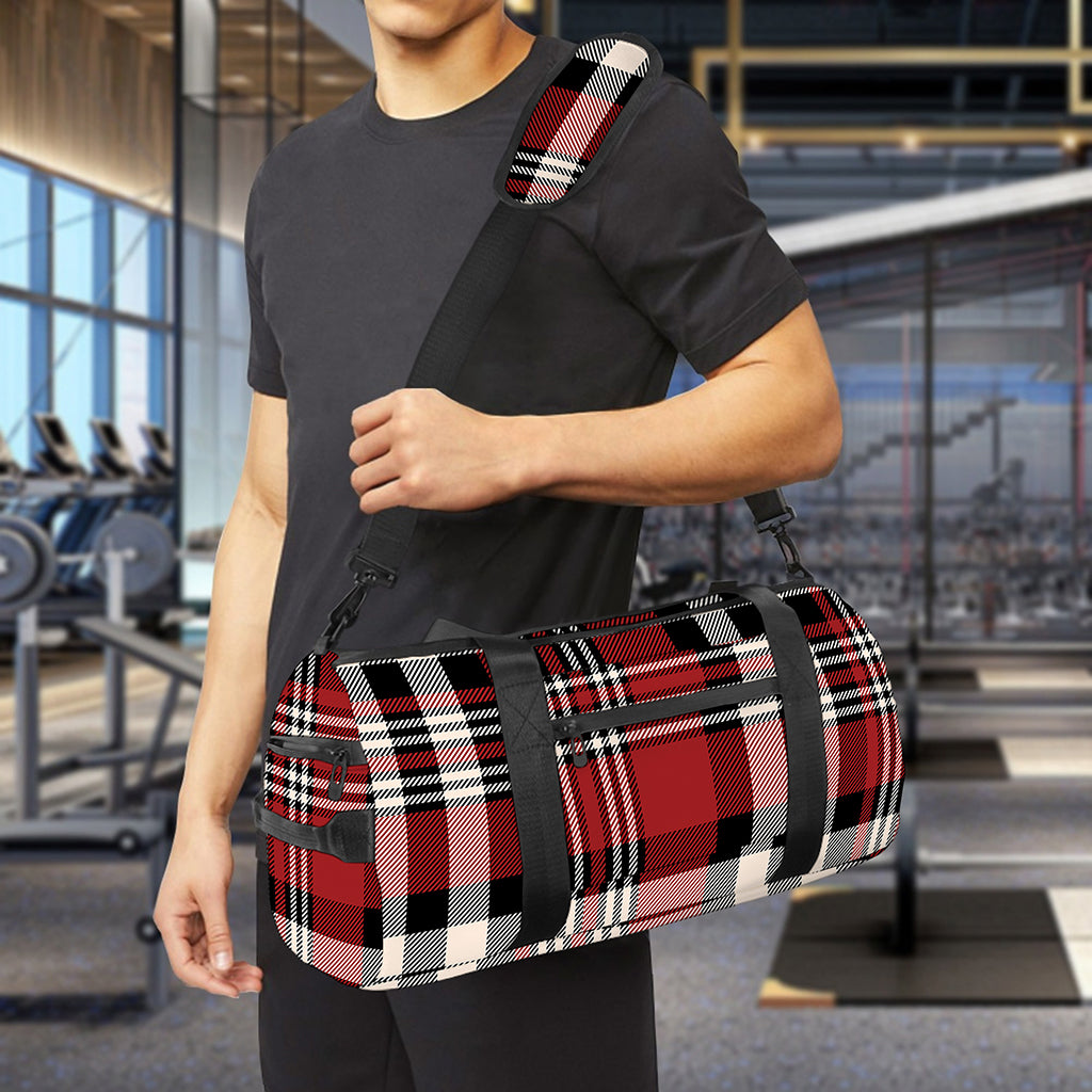 Red Black And White Border Tartan Print Gym Bag