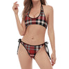 Red Black And White Border Tartan Print Halter Scoop Tie Side Bikini