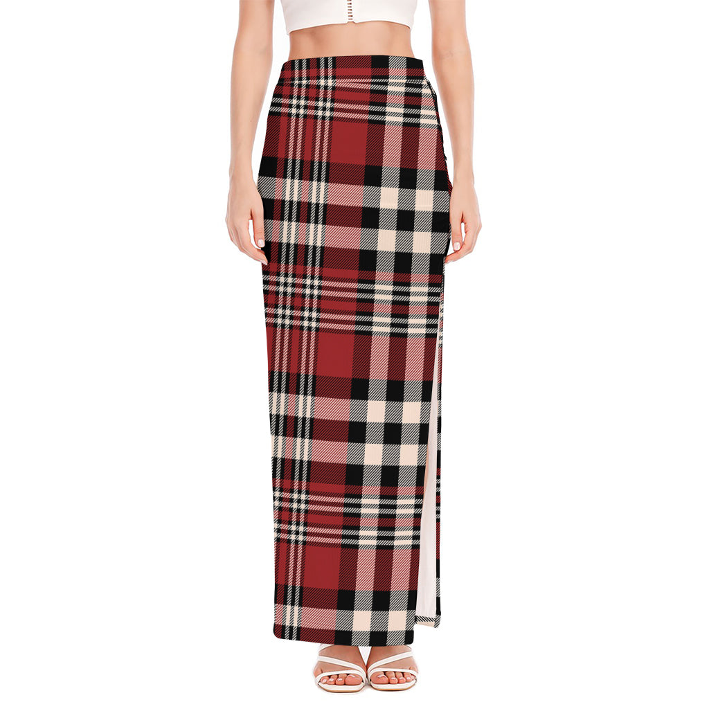 Red Black And White Border Tartan Print High Slit Maxi Skirt