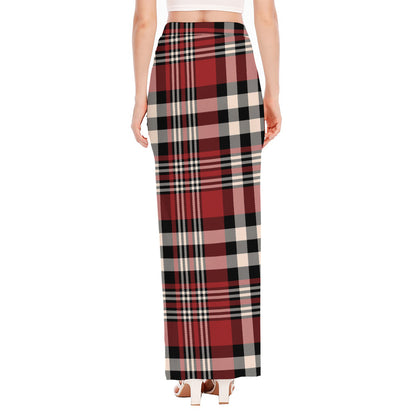 Red Black And White Border Tartan Print High Slit Maxi Skirt