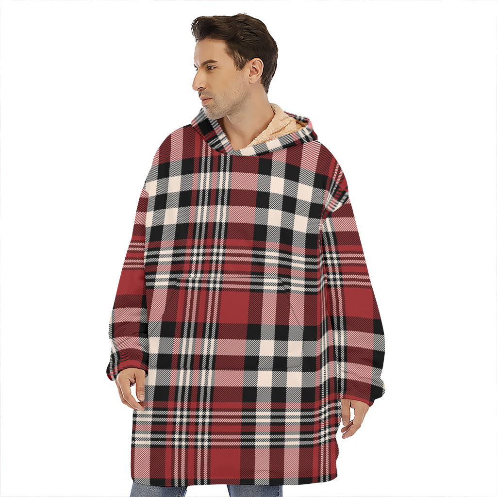 Red Black And White Border Tartan Print Hoodie Blanket