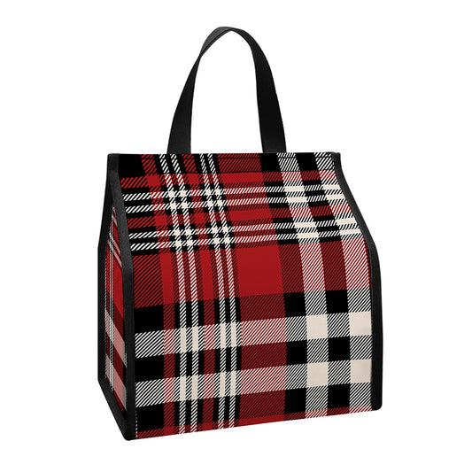 Red Black And White Border Tartan Print Insulated Lunch Tote