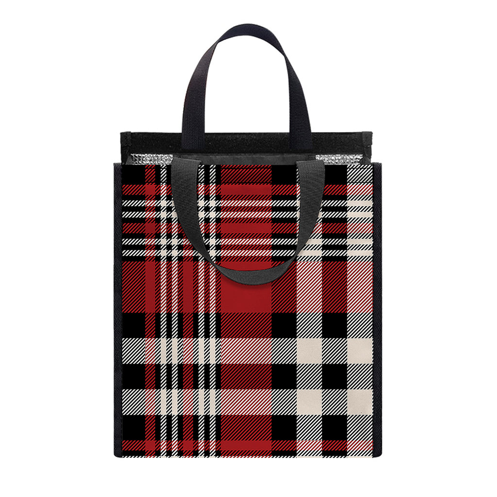 Red Black And White Border Tartan Print Insulated Lunch Tote