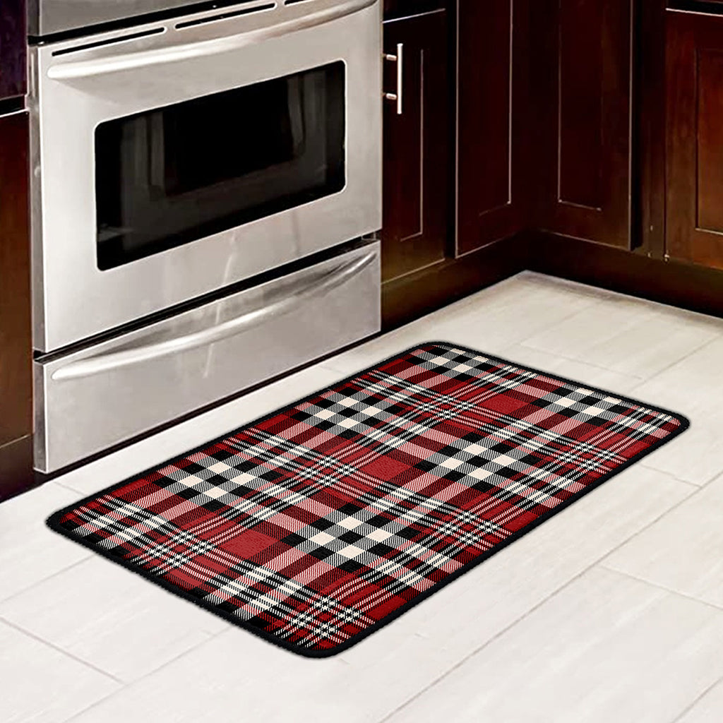 Red Black And White Border Tartan Print Kitchen Mat