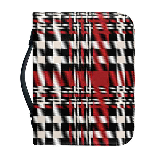 Red Black And White Border Tartan Print Leather Bible Cover