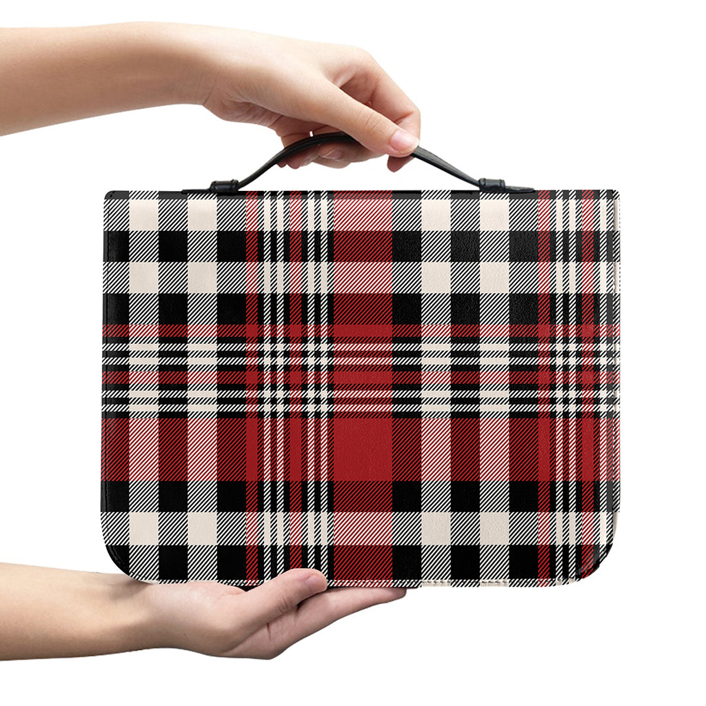 Red Black And White Border Tartan Print Leather Bible Cover