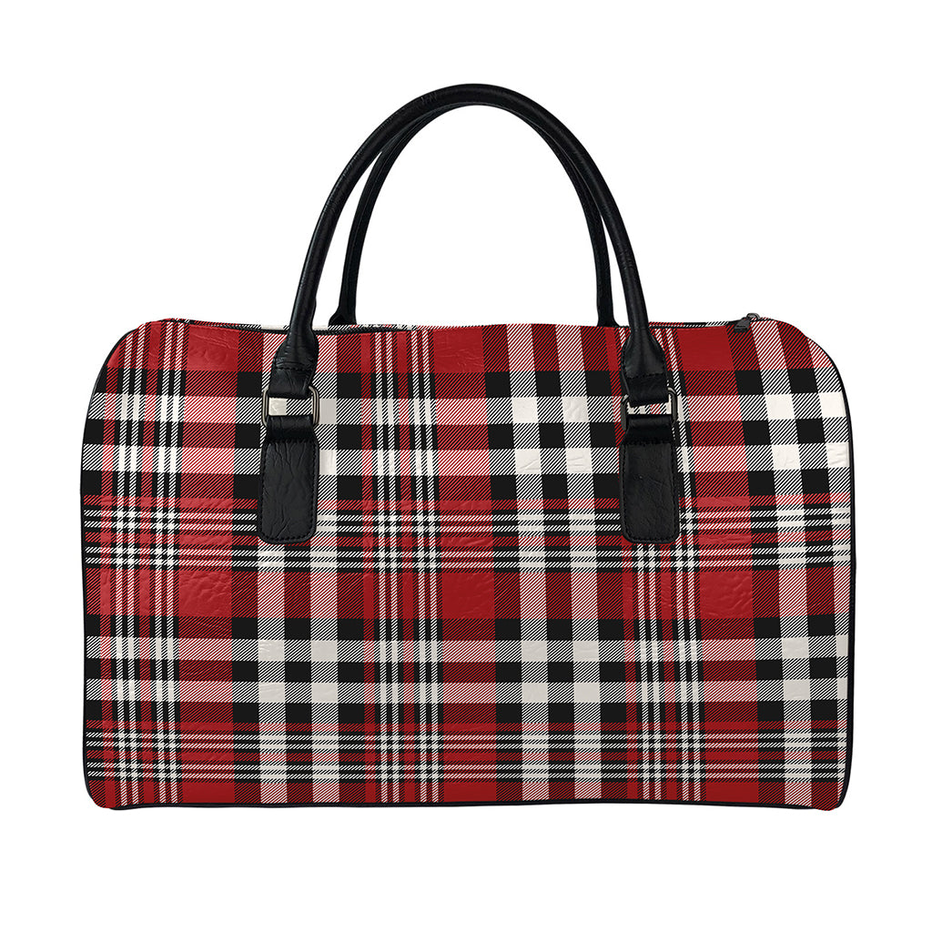 Red Black And White Border Tartan Print Leather Duffle Bag