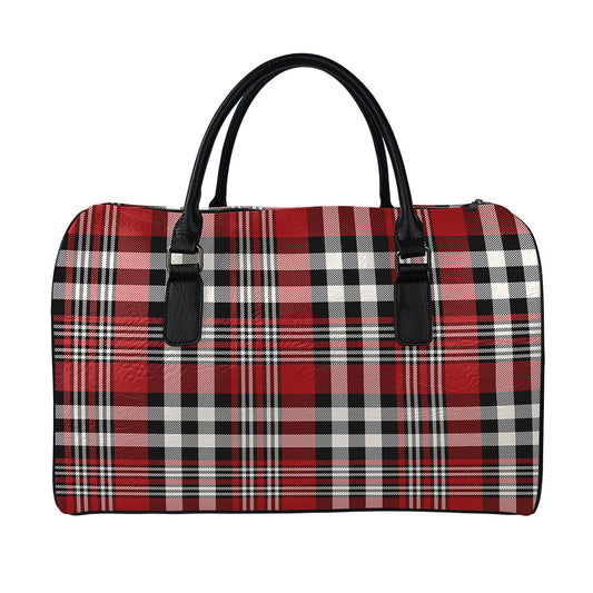 Red Black And White Border Tartan Print Leather Duffle Bag