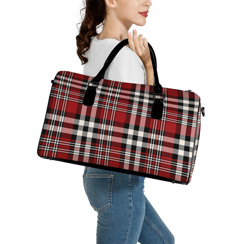 Red Black And White Border Tartan Print Leather Duffle Bag