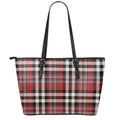 Red Black And White Border Tartan Print Leather Tote Bag With Zipper