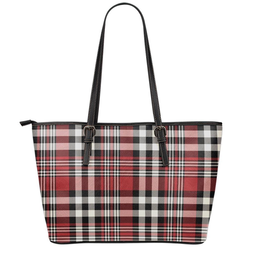 Red Black And White Border Tartan Print Leather Tote Bag