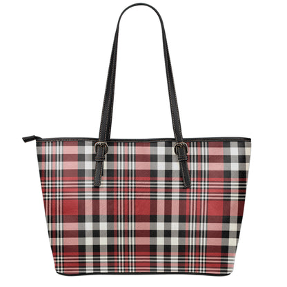 Red Black And White Border Tartan Print Leather Tote Bag