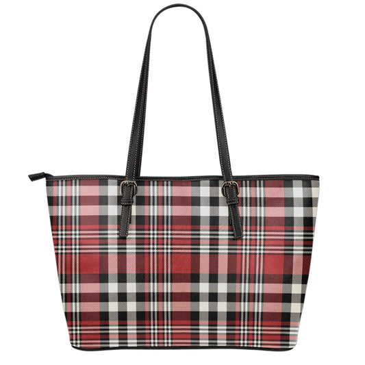 Red Black And White Border Tartan Print Leather Tote Bag