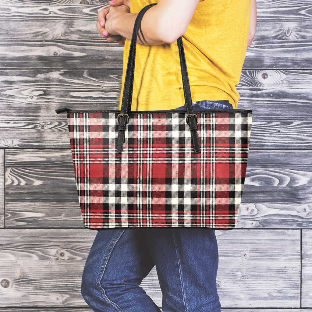 Red Black And White Border Tartan Print Leather Tote Bag