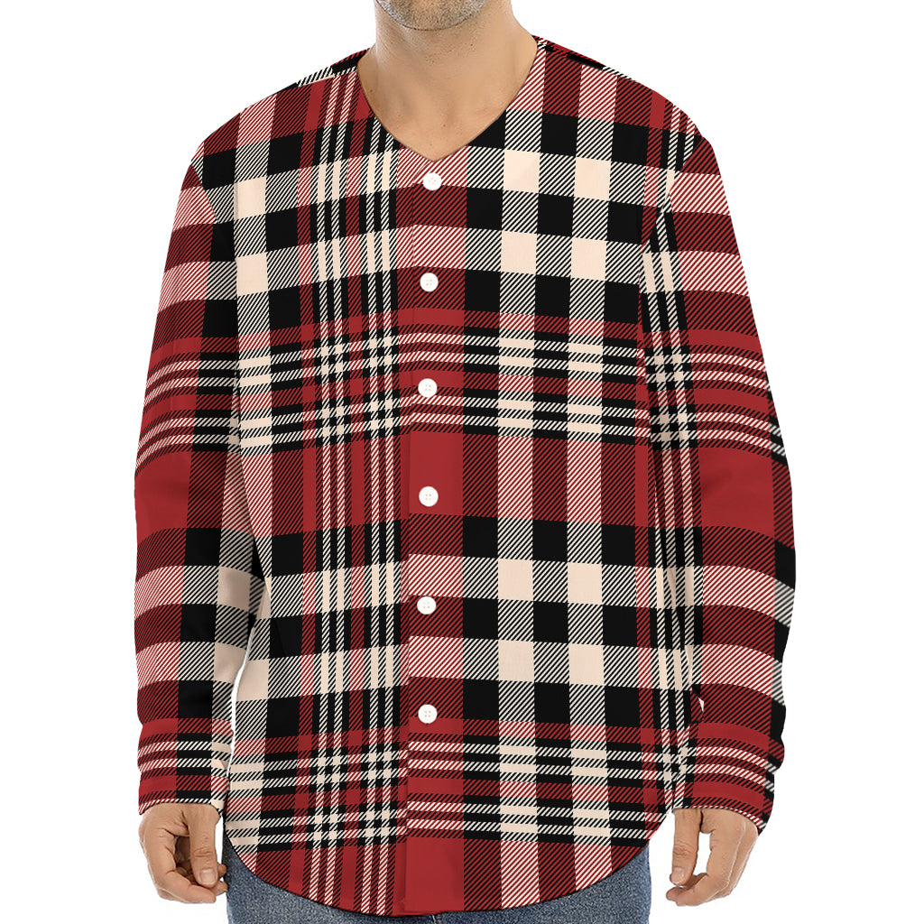 Red Black And White Border Tartan Print Long Sleeve Baseball Jersey