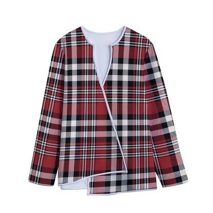 Red Black And White Border Tartan Print Long Sleeve Short Coat