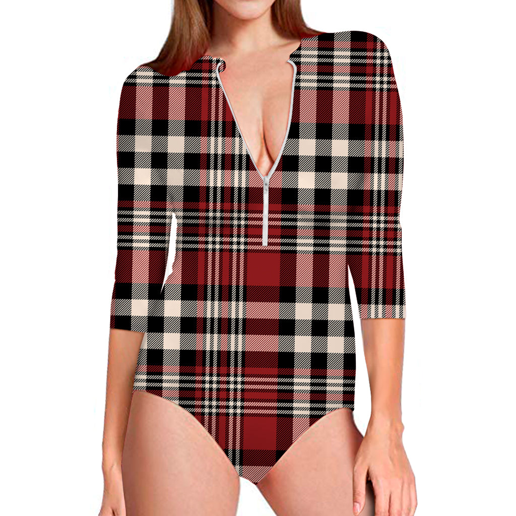 Red Black And White Border Tartan Print Long Sleeve Swimsuit