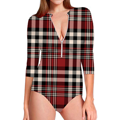 Red Black And White Border Tartan Print Long Sleeve Swimsuit