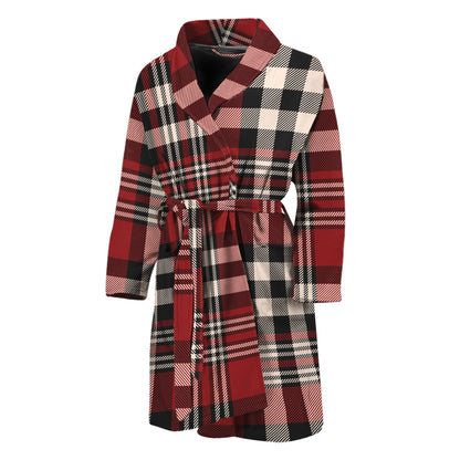 Red Black And White Border Tartan Print Men's Bathrobe