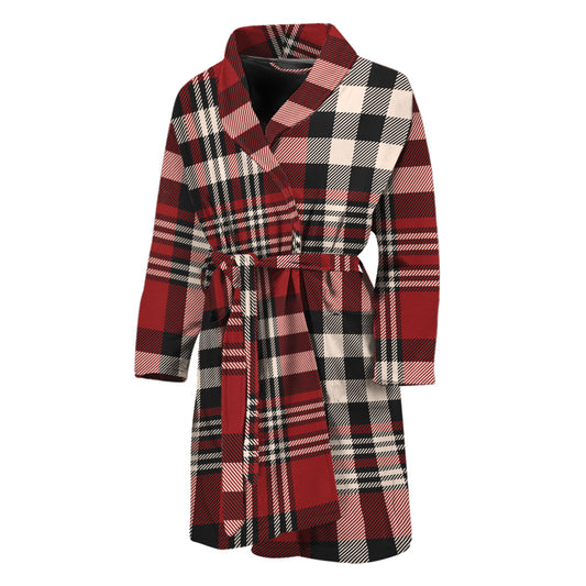 Red Black And White Border Tartan Print Men's Bathrobe