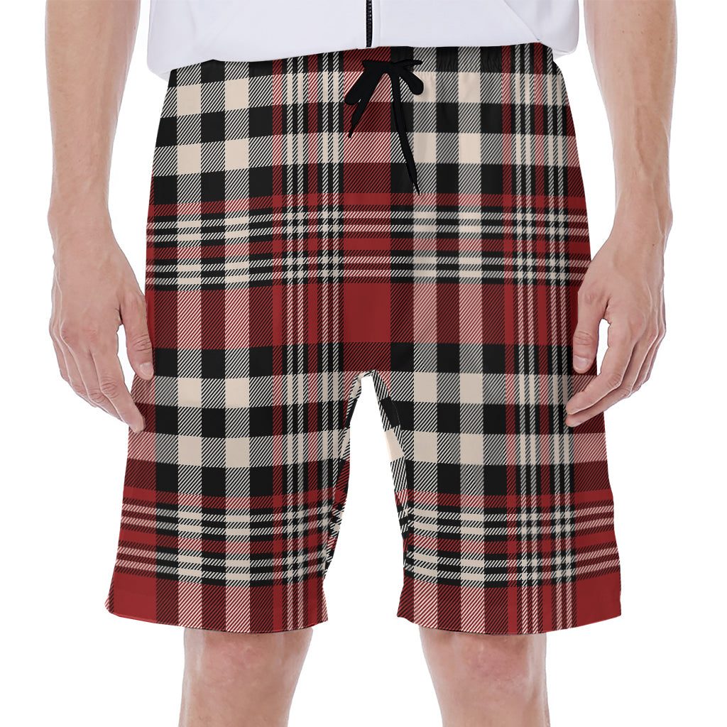 Red Black And White Border Tartan Print Men's Beach Shorts