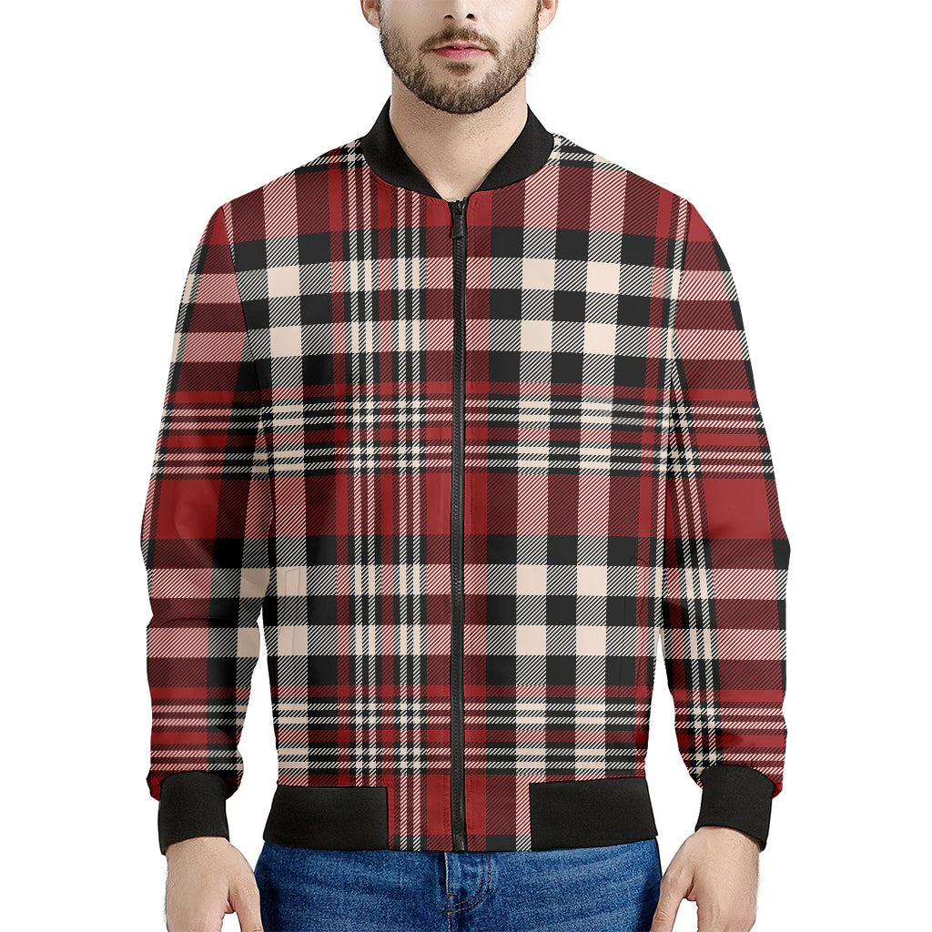 Red Black And White Border Tartan Print Men's Bomber Jacket