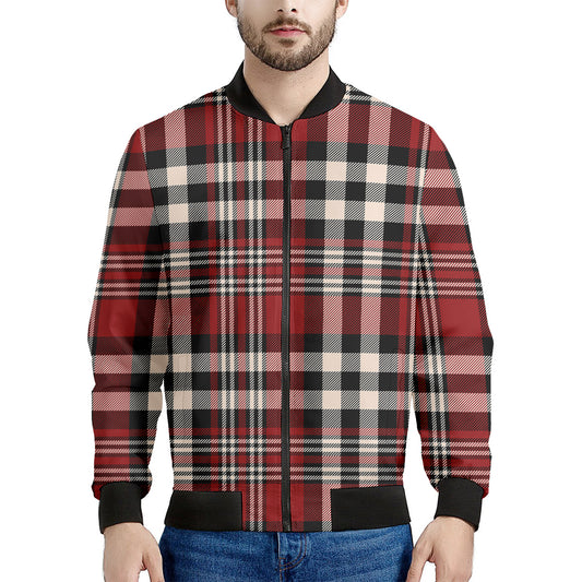 Red Black And White Border Tartan Print Men's Bomber Jacket