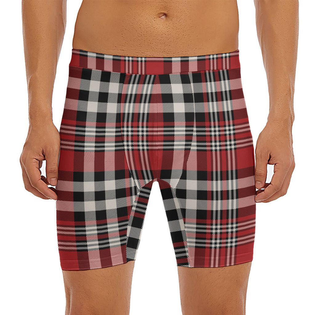 Red Black And White Border Tartan Print Men's Long Boxer Briefs