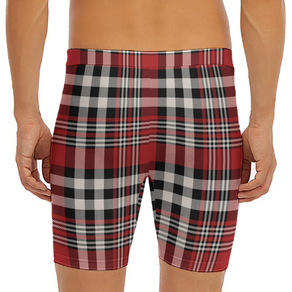 Red Black And White Border Tartan Print Men's Long Boxer Briefs