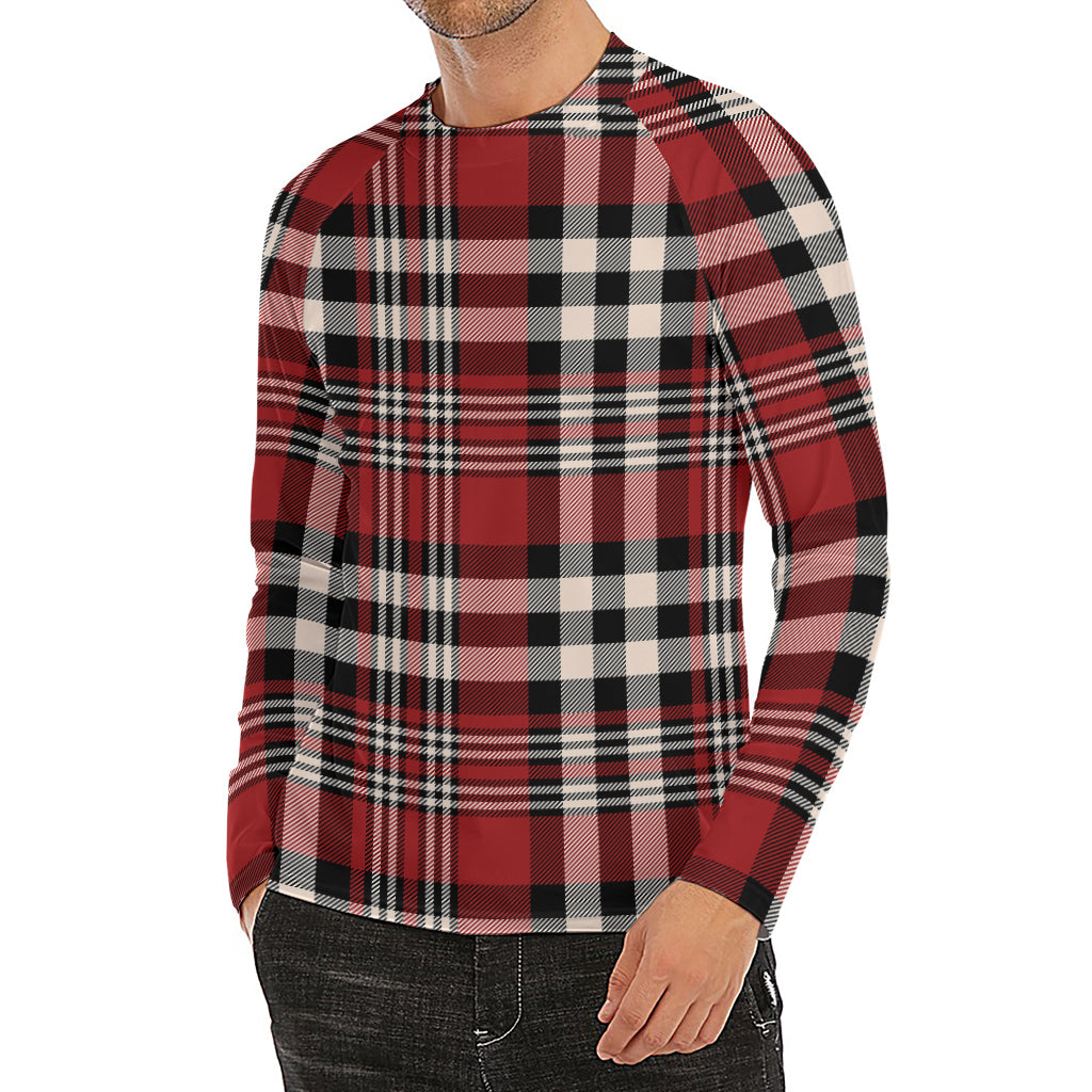 Red Black And White Border Tartan Print Men's Long Sleeve Rash Guard