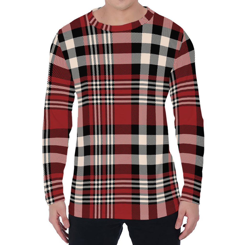 Red Black And White Border Tartan Print Men's Long Sleeve T-Shirt