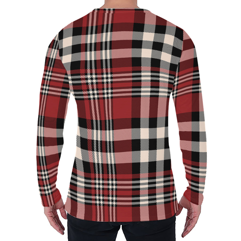Red Black And White Border Tartan Print Men's Long Sleeve T-Shirt