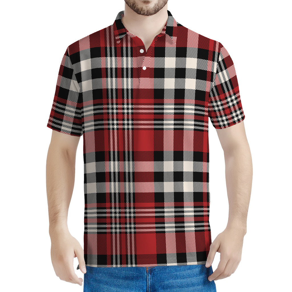 Red Black And White Border Tartan Print Men's Polo Shirt