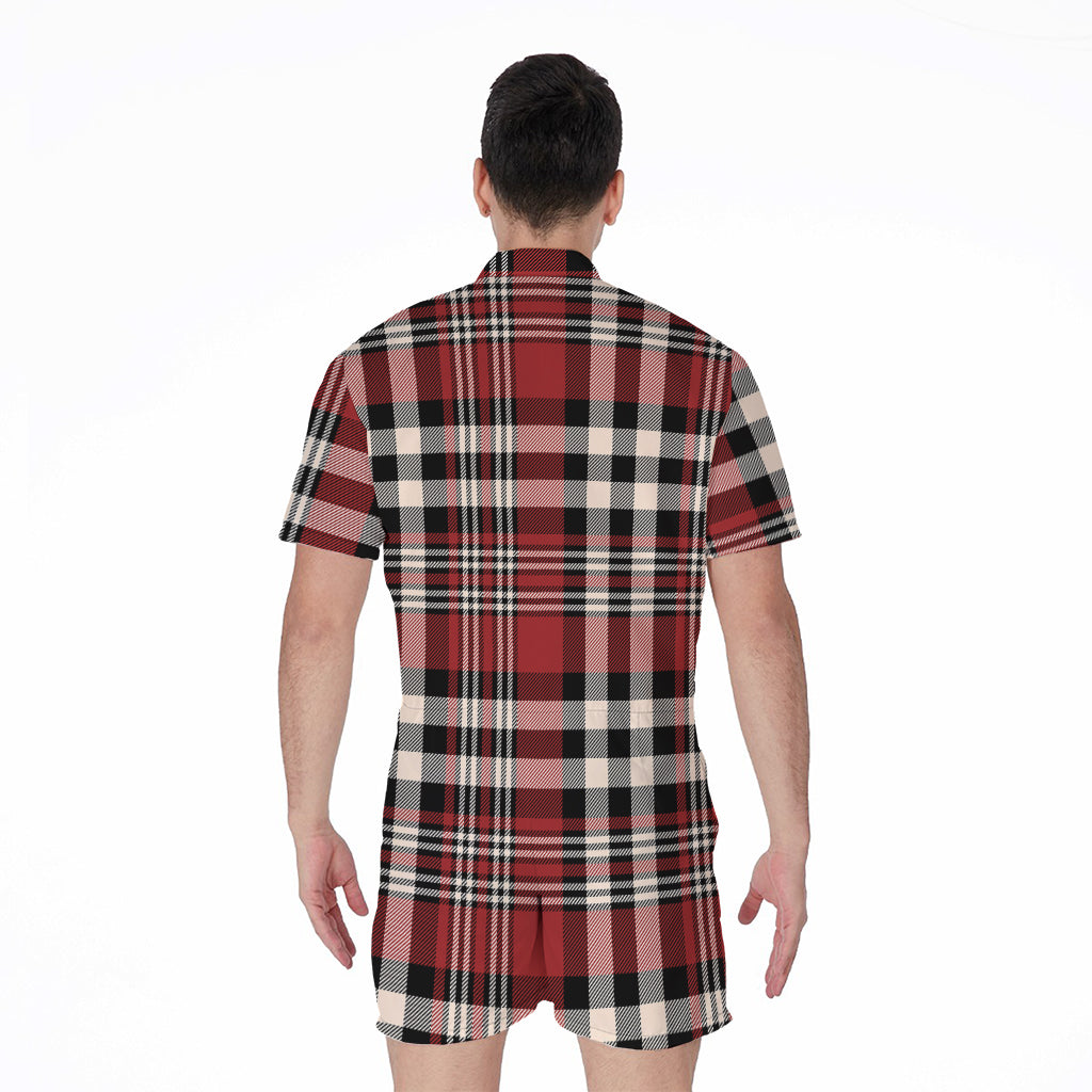 Red Black And White Border Tartan Print Men's Rompers