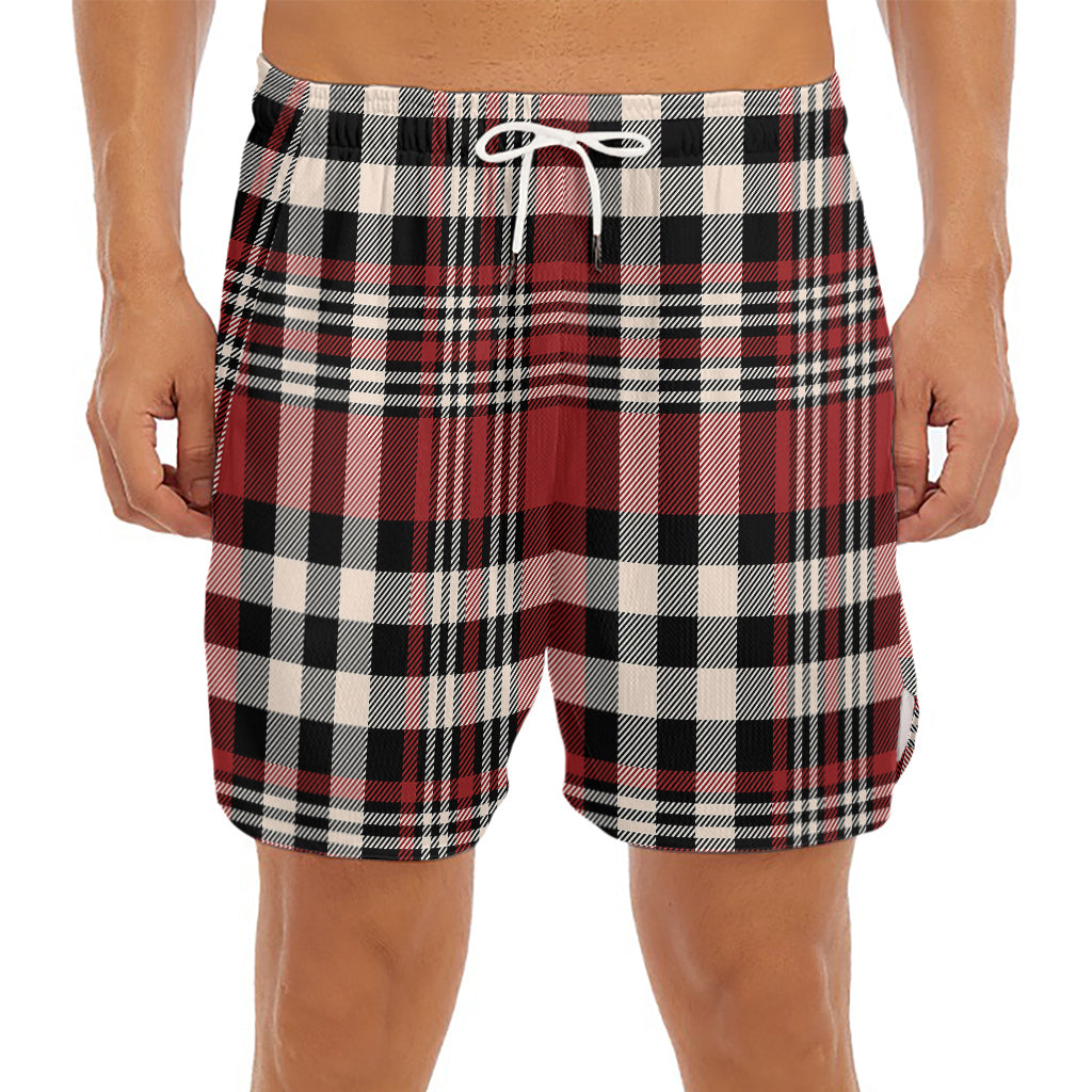 Red Black And White Border Tartan Print Men's Split Running Shorts