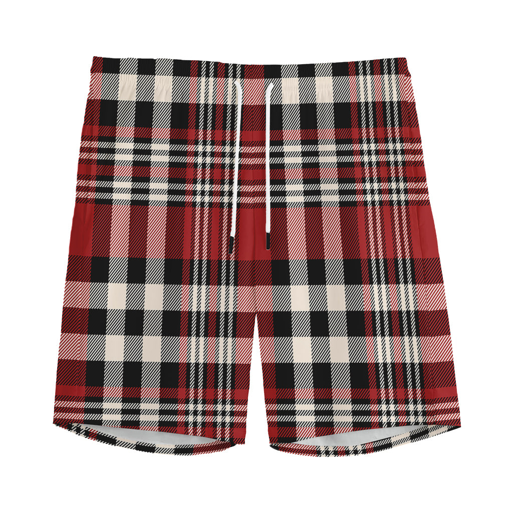 Red Black And White Border Tartan Print Men's Sports Shorts