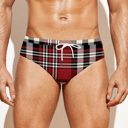 Red Black And White Border Tartan Print Men's Swim Briefs