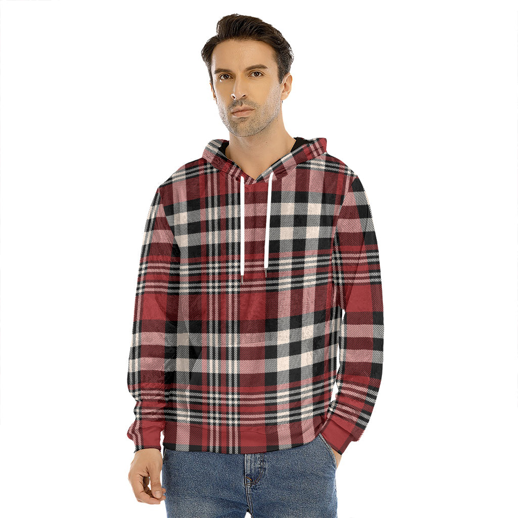 Red Black And White Border Tartan Print Men's Velvet Pullover Hoodie