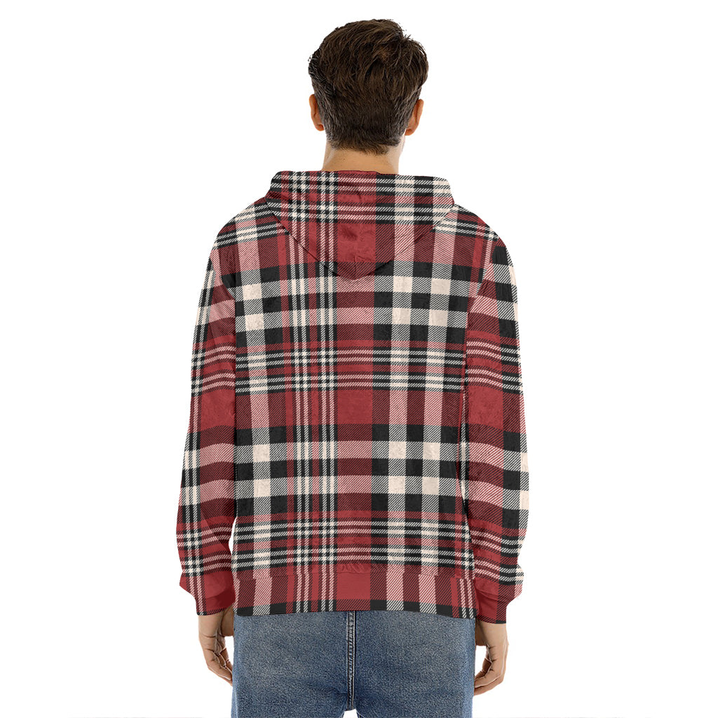 Red Black And White Border Tartan Print Men's Velvet Pullover Hoodie